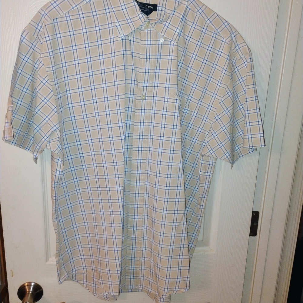 Nautica Beige and Blue Plaid Casual Shirt